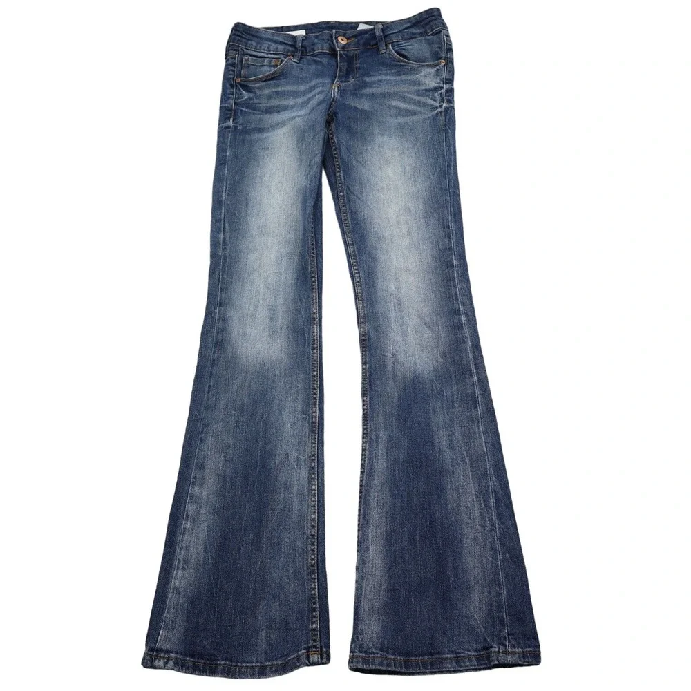 HM Pants Womens 28 Blue Denim Low Waist Boot Cut Flat Front Jeans Bottoms - Picture 1 of 16